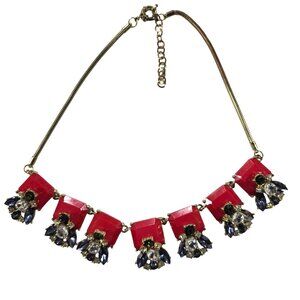 Statement Necklace Red blue Gold tone Multi Stone Cluster womens jewelry